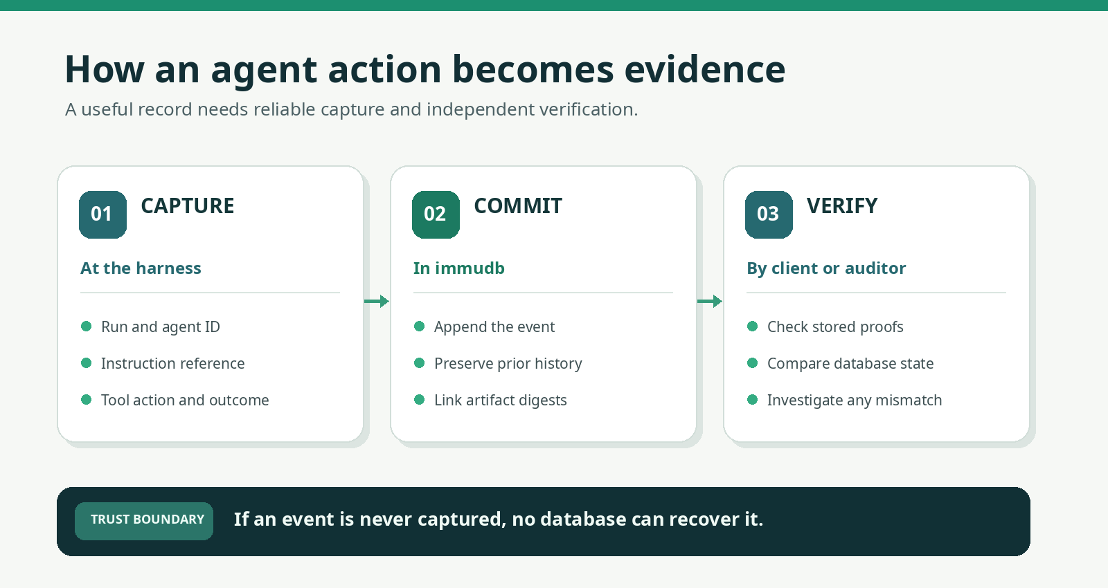Three-stage diagram showing capture of agent actions, commitment to immudb, and independent verification